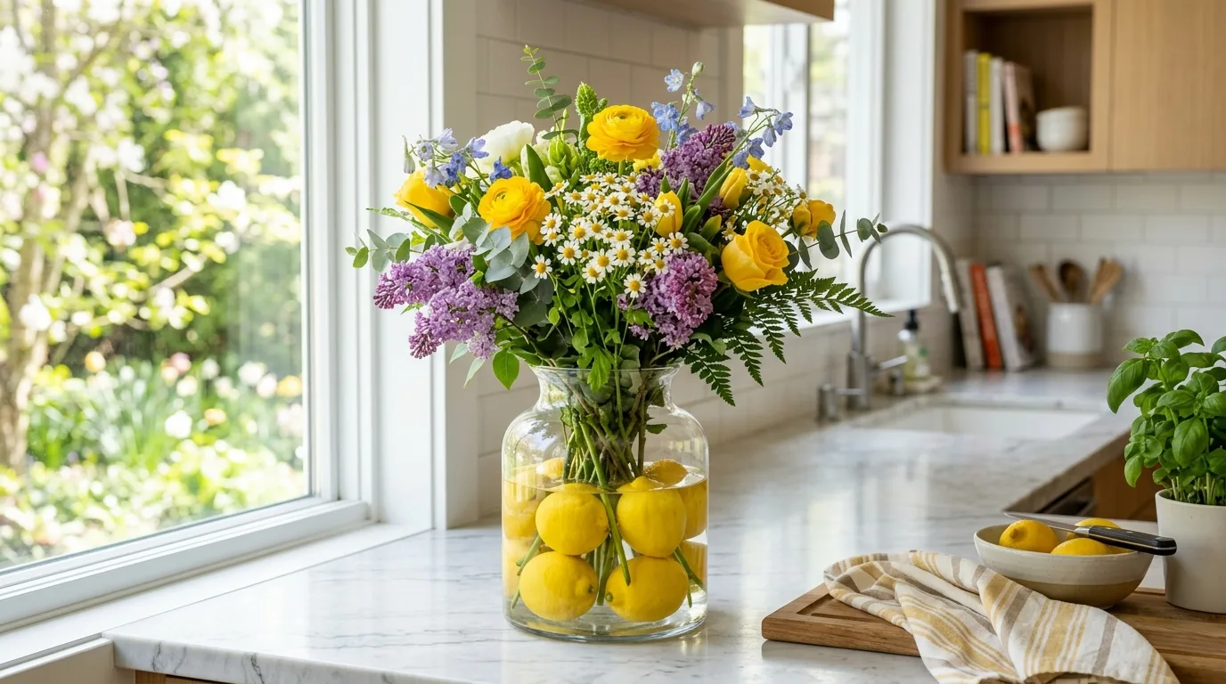 Clear vase filled with lemons and flowers